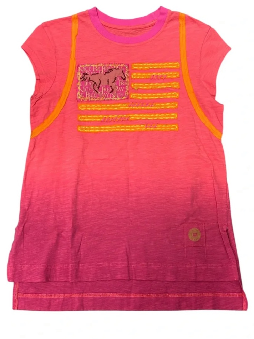 Double D Ranch top with embroidered running horse flag XS